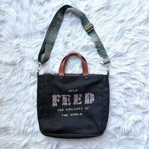 FEED Projects Black Burlap Jute Cotton Crossbody Tote Bag Purse Hand Beading